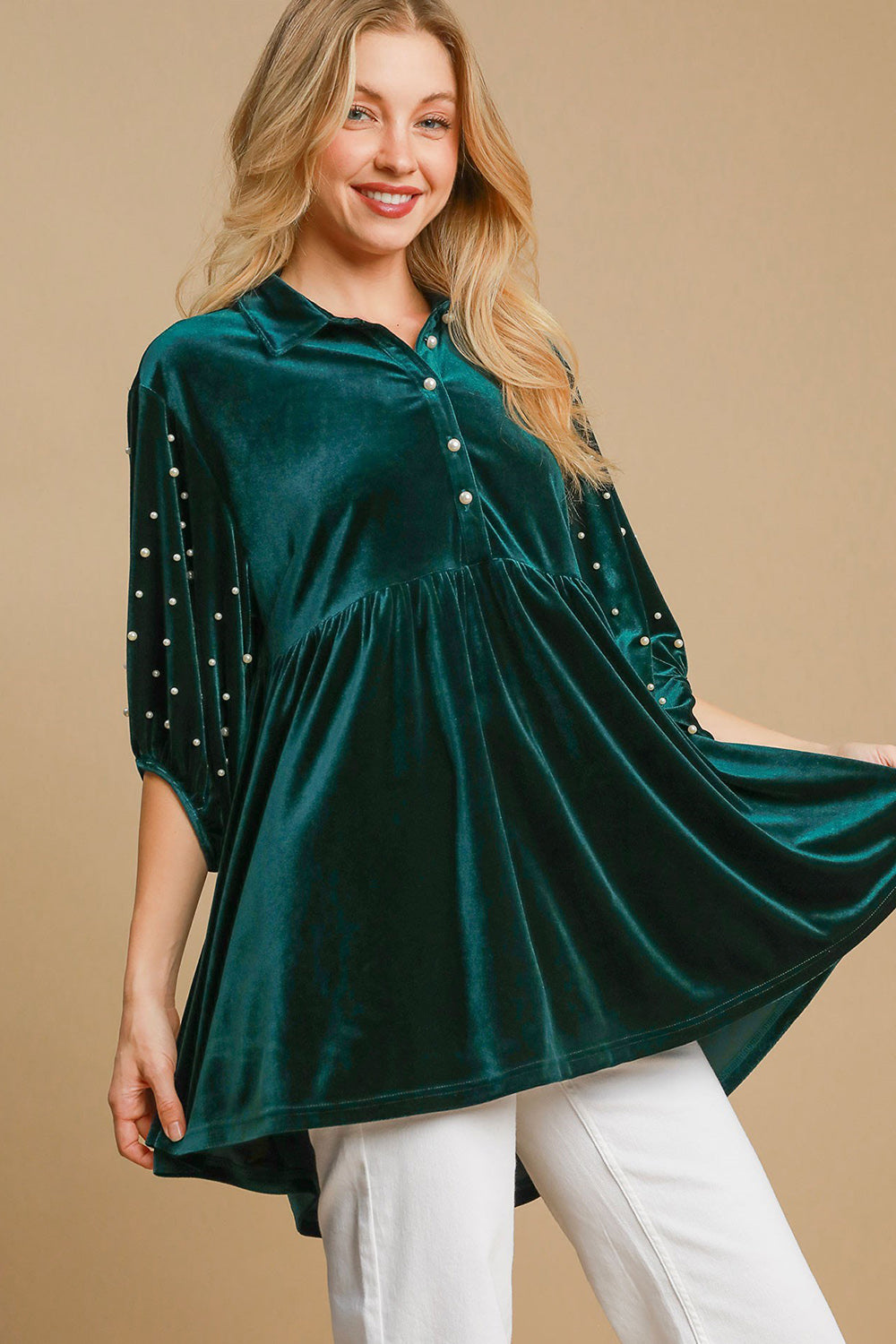 Umgee Pearl Detail Half Sleeve Velvet Babydoll Blouse